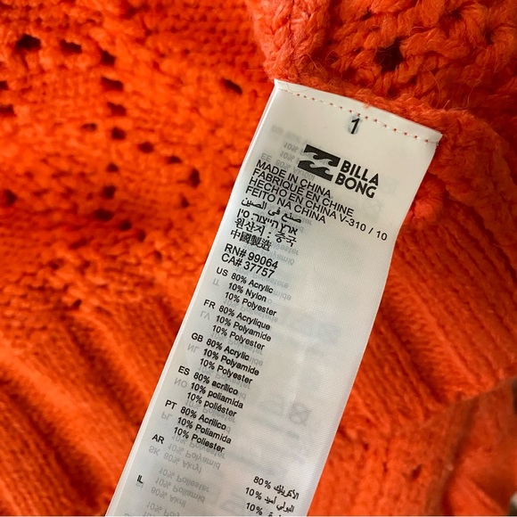 NWOT Billabong Orange-Red Open Knit Cardigan Oversized Sweater - Picture 6 of 6